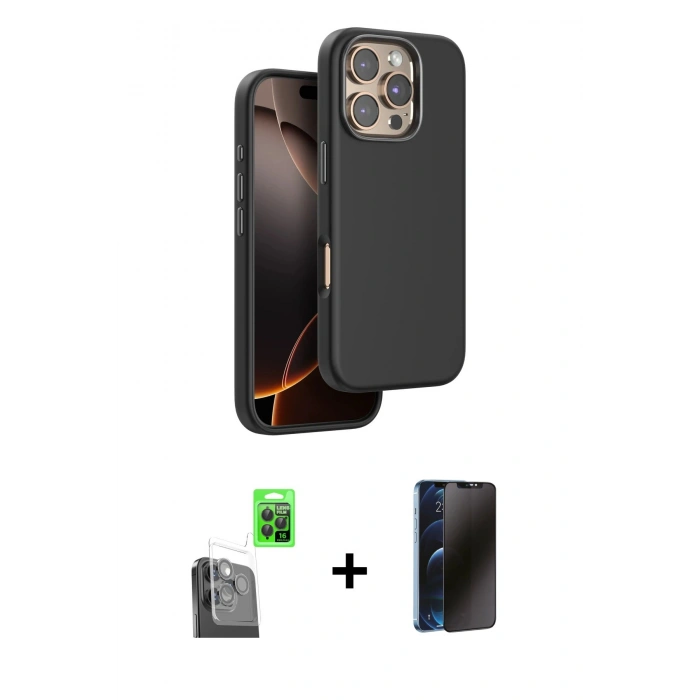 MARSİLYAN™- iPhone 16 Pro Kılıf Kutup Modern - Siyah 3D Antistatik Hayalet Cam Ekran Koruyucu + Raze Metal Kamera Lens - SH