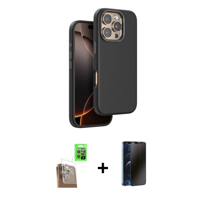 MARSİLYAN™- iPhone 16 Pro Kılıf Kutup Modern - Siyah 3D Antistatik Hayalet Cam Ekran Koruyucu + Raze Metal Kamera Lens - CLTM
