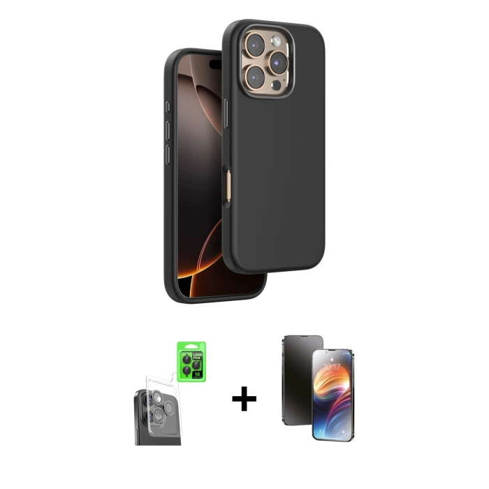 MARSİLYAN™- iPhone 16 Pro Kılıf Kutup Modern - Siyah 3D Antistatik Mat Seramik Nano Ekran Koruyucu + Raze Metal Kamera Lens - SH