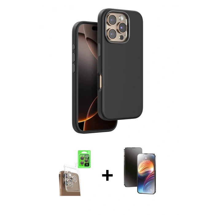 MARSİLYAN™- iPhone 16 Pro Kılıf Kutup Modern - Siyah 3D Antistatik Mat Seramik Nano Ekran Koruyucu + Raze Metal Kamera Lens - CLTM