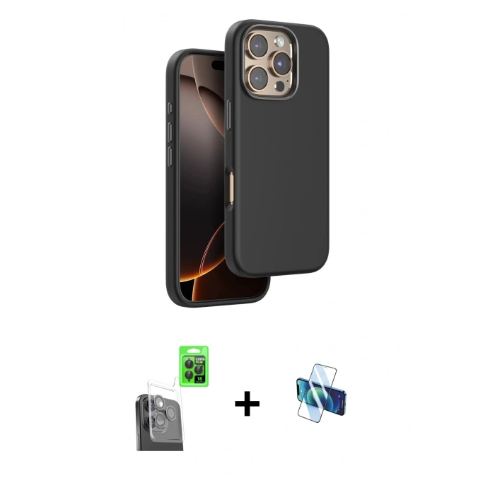MARSİLYAN™- iPhone 16 Pro Kılıf Kutup Modern - Siyah 3D Antistatik Seramik Nano Ekran Koruyucu + Raze Metal Kamera Lens - SH