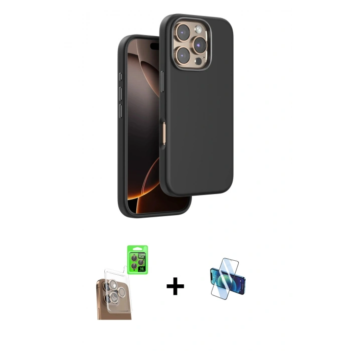 MARSİLYAN™- iPhone 16 Pro Kılıf Kutup Modern - Siyah 3D Antistatik Seramik Nano Ekran Koruyucu + Raze Metal Kamera Lens - CLTM