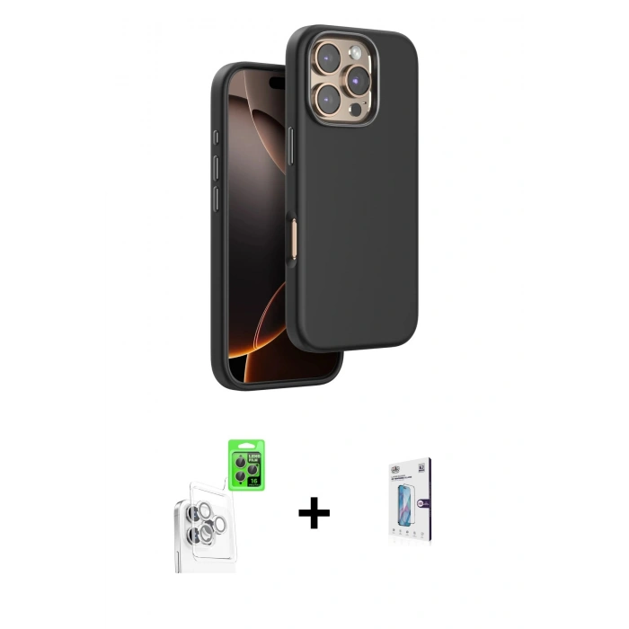 MARSİLYAN™- iPhone 16 Pro Kılıf Kutup Modern - Siyah Bilvis 0.18mm Plus Cam Ekran Koruyucu + Raze Metal Kamera Lens - BZ