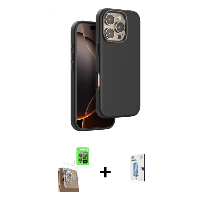 MARSİLYAN™- iPhone 16 Pro Kılıf Kutup Modern - Siyah Bilvis 0.18mm Plus Cam Ekran Koruyucu + Raze Metal Kamera Lens - CLTM