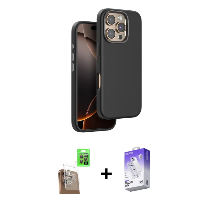 MARSİLYAN™- iPhone 16 Pro Kılıf Kutup Modern - Siyah Bilvis 5in1 3D Magic Cam Ekran Koruyucu + Raze Metal Kamera Lens - CLTM