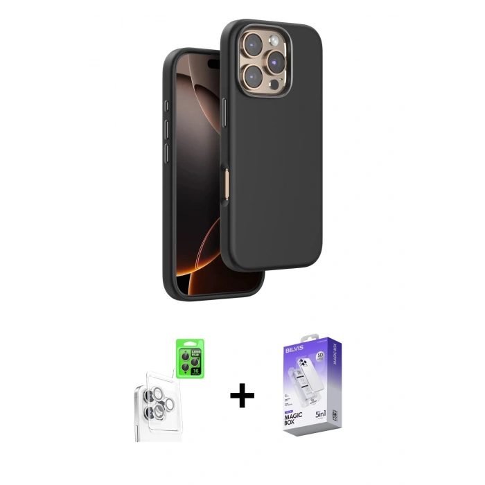 MARSİLYAN™- iPhone 16 Pro Kılıf Kutup Modern - Siyah Bilvis 5in1 3D Magic Cam Ekran Koruyucu + Raze Metal Kamera Lens - BZ