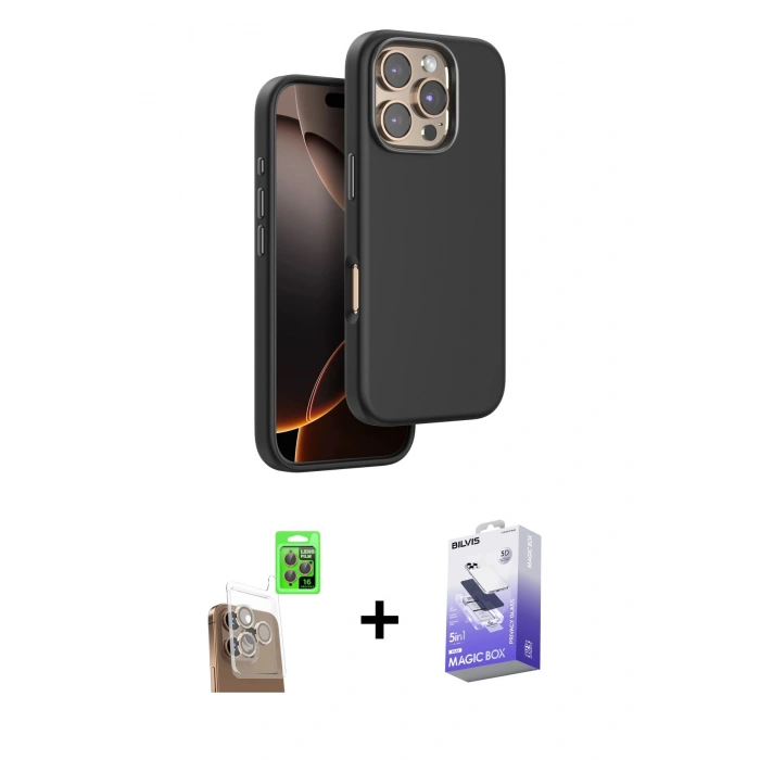 MARSİLYAN™- iPhone 16 Pro Kılıf Kutup Modern - Siyah Bilvis 5in1 5D Magic Hayalet Cam Ekran Koruyucu + Raze Metal Kamera Lens - CLTM