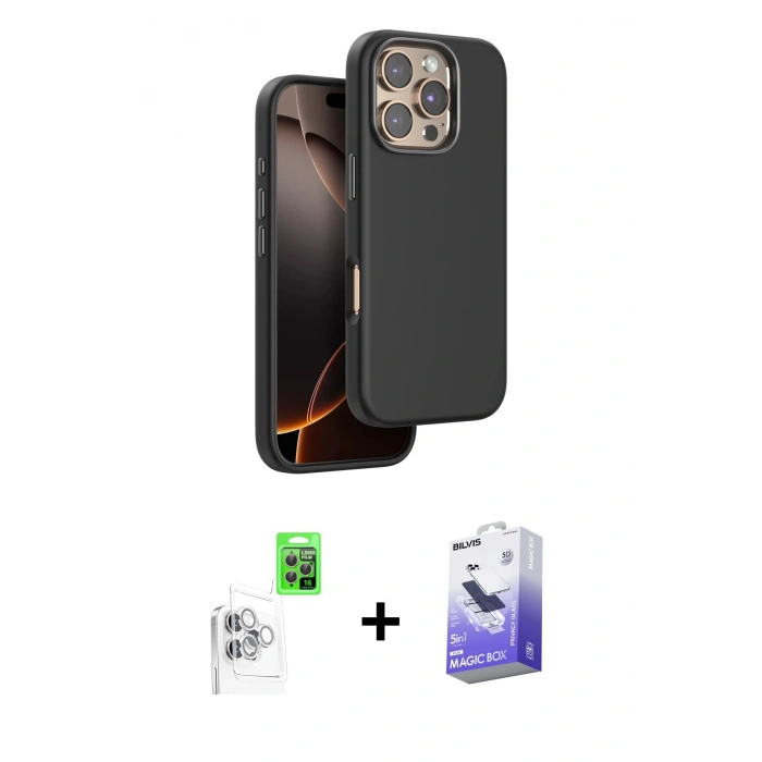 MARSİLYAN™- iPhone 16 Pro Kılıf Kutup Modern - Siyah Bilvis 5in1 5D Magic Hayalet Cam Ekran Koruyucu + Raze Metal Kamera Lens - BZ
