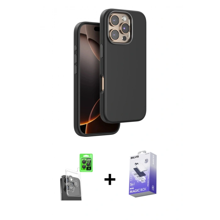 MARSİLYAN™- iPhone 16 Pro Kılıf Kutup Modern - Siyah Bilvis 5in1 5D Magic Hayalet Cam Ekran Koruyucu + Raze Metal Kamera Lens - SH