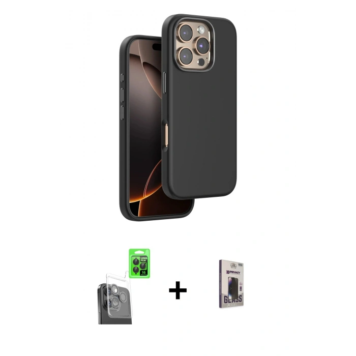 MARSİLYAN™- iPhone 16 Pro Kılıf Kutup Modern - Siyah Bilvis Hayalet Cam Ekran Koruyucu + Raze Metal Kamera Lens - SH
