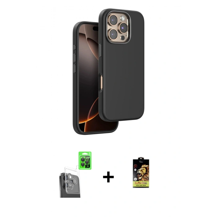 MARSİLYAN™- iPhone 16 Pro Kılıf Kutup Modern - Siyah Buffer Cam Ekran Koruyucu + Raze Metal Kamera Lens - SH