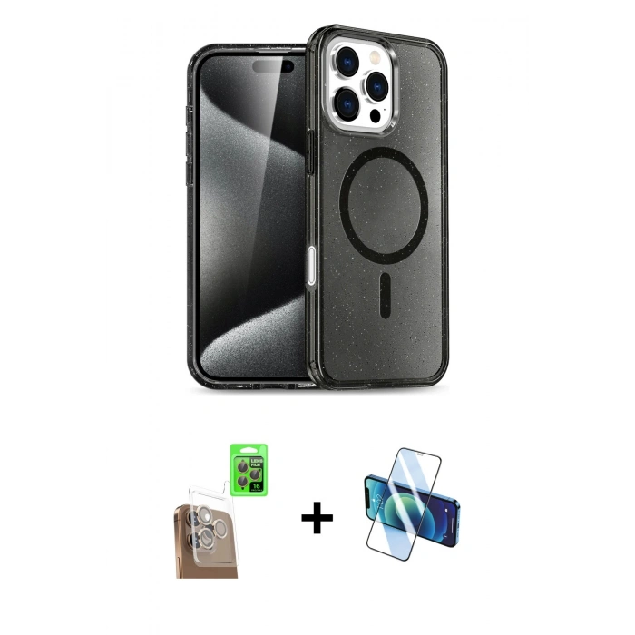 MARSİLYAN™- iPhone 16 Pro Kılıf Nova Asil Prime - Siyah 3D Antistatik Cam Ekran Koruyucu + Raze Metal Kamera Lens - CLTM