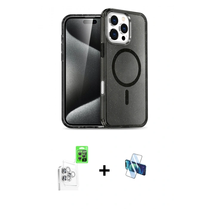 MARSİLYAN™- iPhone 16 Pro Kılıf Nova Asil Prime - Siyah 3D Antistatik Seramik Nano Ekran Koruyucu + Raze Metal Kamera Lens - BZ
