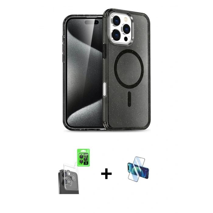 MARSİLYAN™- iPhone 16 Pro Kılıf Nova Asil Prime - Siyah 3D Antistatik Seramik Nano Ekran Koruyucu + Raze Metal Kamera Lens - SH