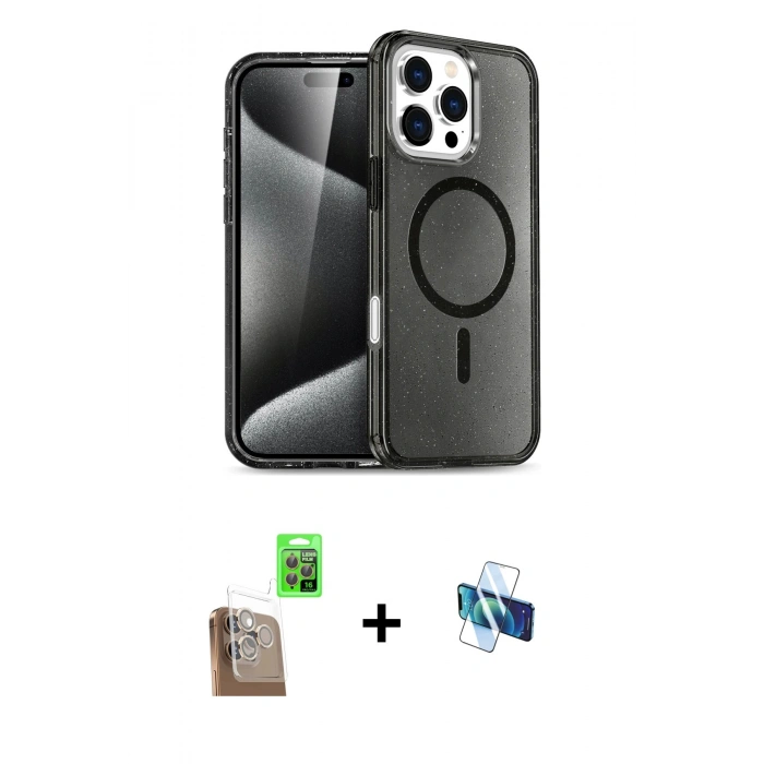MARSİLYAN™- iPhone 16 Pro Kılıf Nova Asil Prime - Siyah 3D Antistatik Seramik Nano Ekran Koruyucu + Raze Metal Kamera Lens - CLTM