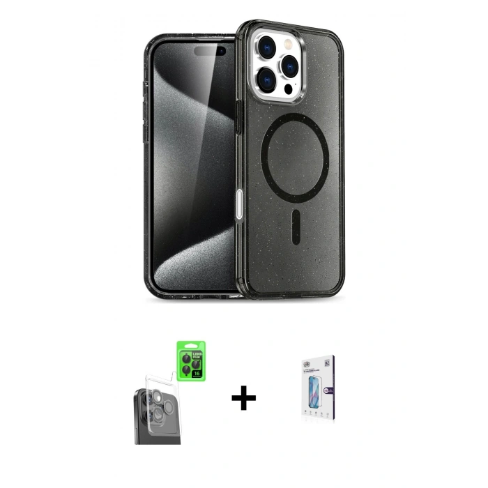 MARSİLYAN™- iPhone 16 Pro Kılıf Nova Asil Prime - Siyah Bilvis 0.18mm Plus Cam Ekran Koruyucu + Raze Metal Kamera Lens - SH