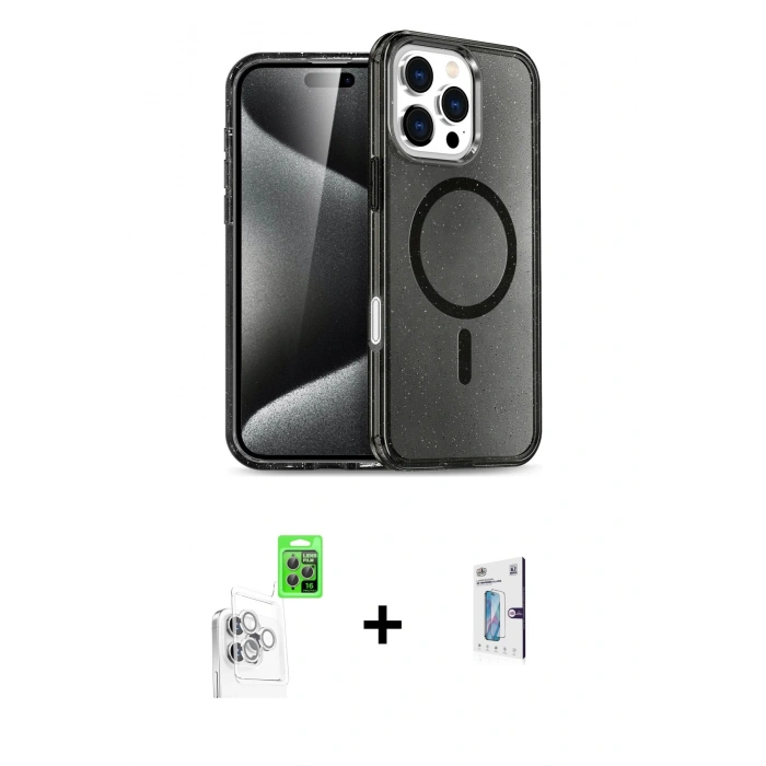 MARSİLYAN™- iPhone 16 Pro Kılıf Nova Asil Prime - Siyah Bilvis 0.18mm Plus Cam Ekran Koruyucu + Raze Metal Kamera Lens - BZ