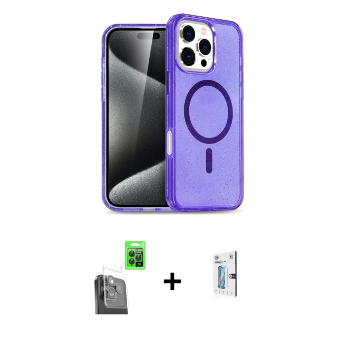 MARSİLYAN™- iPhone 16 Pro Kılıf Nova Asil Prime - Siyah Bilvis 0.18mm Plus Cam Ekran Koruyucu + Raze Metal Kamera Lens - SH