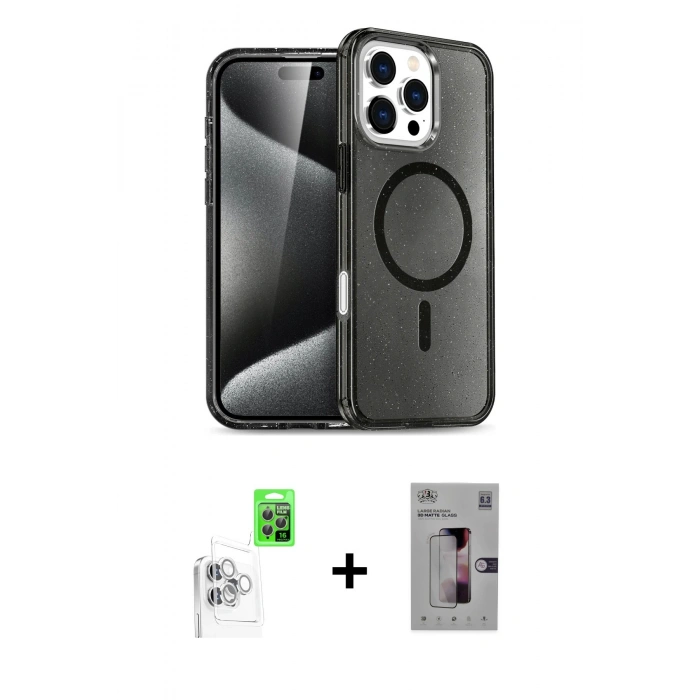 MARSİLYAN™- iPhone 16 Pro Kılıf Nova Asil Prime - Siyah Bilvis 3D Mat Cam Ekran Koruyucu + Raze Metal Kamera Lens - BZ