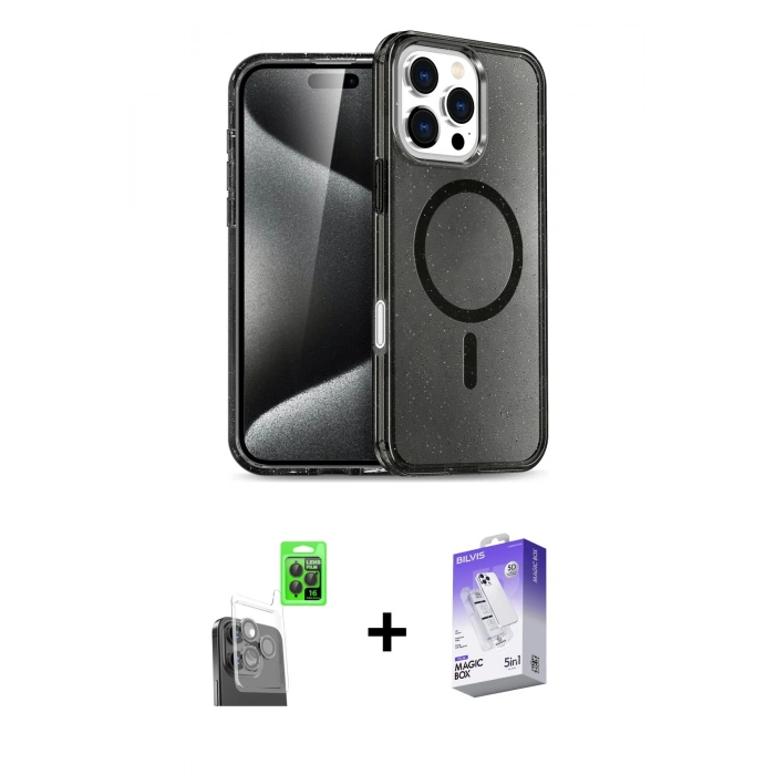 MARSİLYAN™- iPhone 16 Pro Kılıf Nova Asil Prime - Siyah Bilvis 5in1 3D Magic Cam Ekran Koruyucu + Raze Metal Kamera Lens - SH