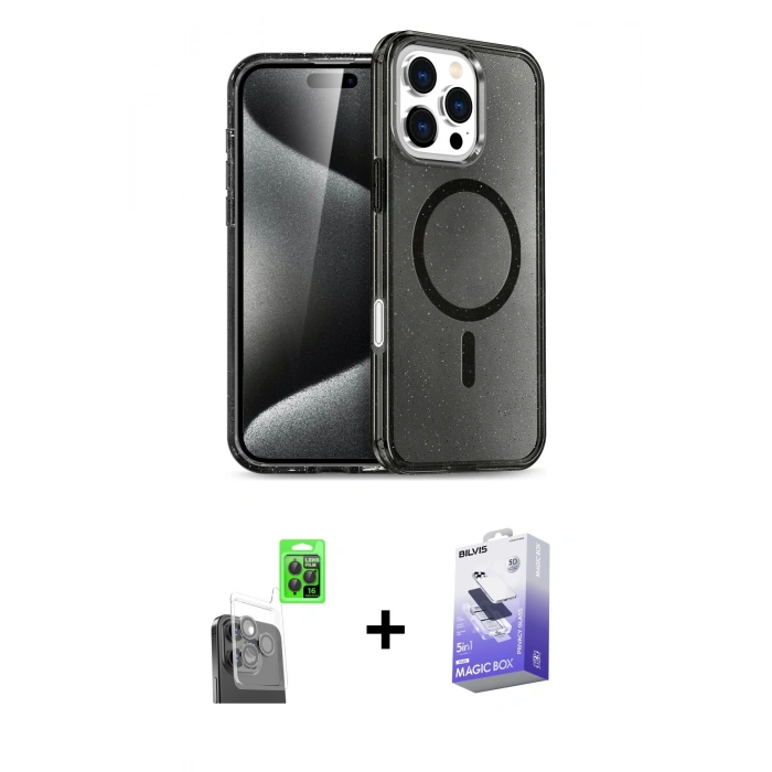 MARSİLYAN™- iPhone 16 Pro Kılıf Nova Asil Prime - Siyah Bilvis 5in1 5D Magic Hayalet Cam Ekran Koruyucu + Siyah Raze Metal Kamera Lens