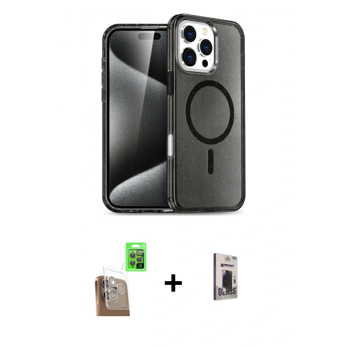 MARSİLYAN™- iPhone 16 Pro Kılıf Nova Asil Prime - Siyah Bilvis Hayalet Cam Ekran Koruyucu + Raze Metal Kamera Lens - CLTM