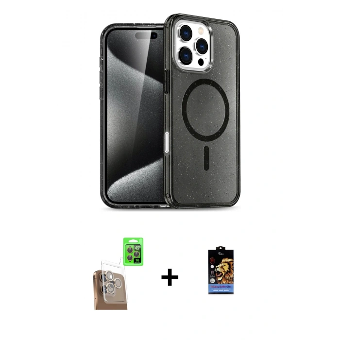 MARSİLYAN™- iPhone 16 Pro Kılıf Nova Asil Prime - Siyah Buffer Hayalet Cam Ekran Koruyucu + Çöl Titanyum Raze Metal Kamera Lens