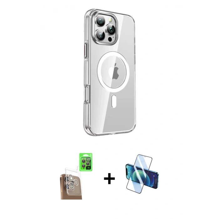 MARSİLYAN™- iPhone 16 Pro Kılıf Nova Doku - Siyah 3D Antistatik Cam Ekran Koruyucu + Çöl Titanyum Raze Metal Kamera Lens