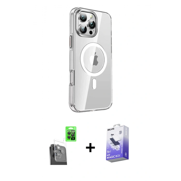 MARSİLYAN™- iPhone 16 Pro Kılıf Nova Doku - Siyah Bilvis 5in1 5D Magic Hayalet Cam Ekran Koruyucu + Siyah Raze Metal Kamera Lens