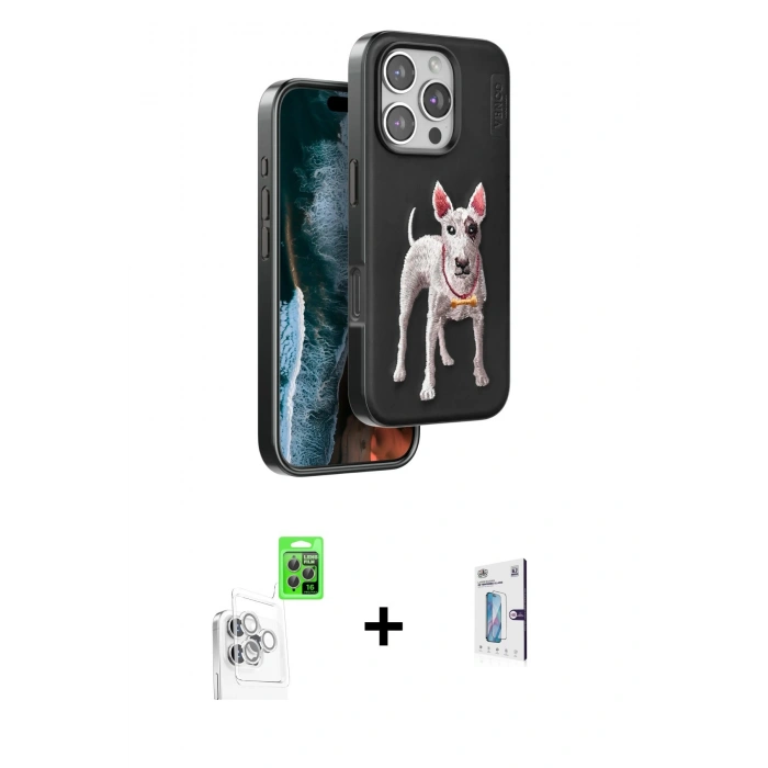MARSİLYAN™- iPhone 16 Pro Kılıf Nova Form Koleksiyonu - Siyah Bilvis 0.18mm Plus Cam Ekran Koruyucu + Raze Metal Kamera Lens - BZ