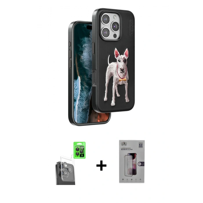 MARSİLYAN™- iPhone 16 Pro Kılıf Nova Form Koleksiyonu - Siyah Bilvis 3D Mat Cam Ekran Koruyucu + Raze Metal Kamera Lens - SH