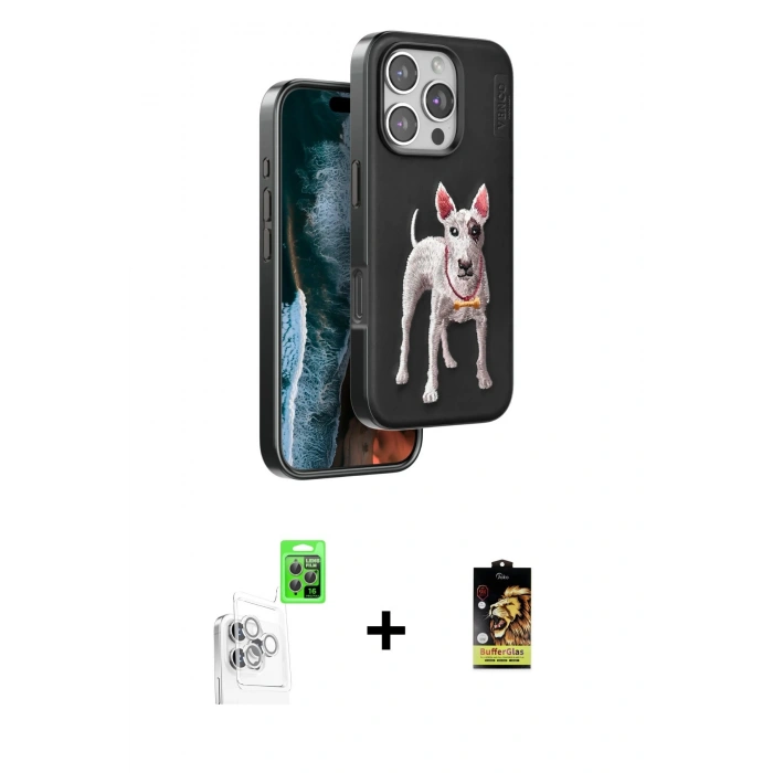 MARSİLYAN™- iPhone 16 Pro Kılıf Nova Form Koleksiyonu - Siyah Buffer Cam Ekran Koruyucu + Beyaz Raze Metal Kamera Lens