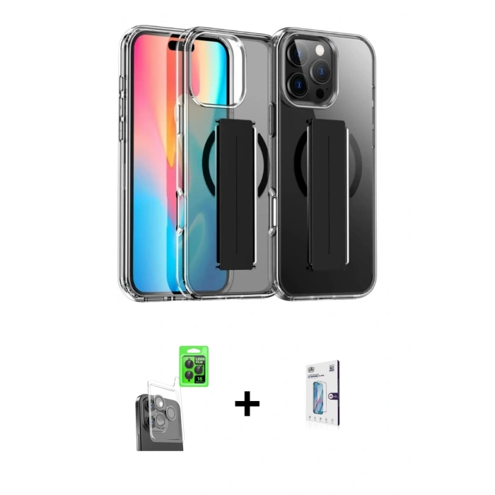 MARSİLYAN™- iPhone 16 Pro Kılıf Nova Işık Koleksiyonu - Siyah Bilvis 0.18mm Plus Cam Ekran Koruyucu + Raze Metal Kamera Lens - SH