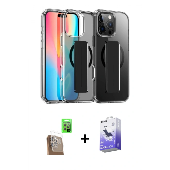 MARSİLYAN™- iPhone 16 Pro Kılıf Nova Işık Koleksiyonu - Siyah Bilvis 5in1 5D Magic Hayalet Cam Ekran Koruyucu + Çöl Titanyum Raze Metal Kamera Lens