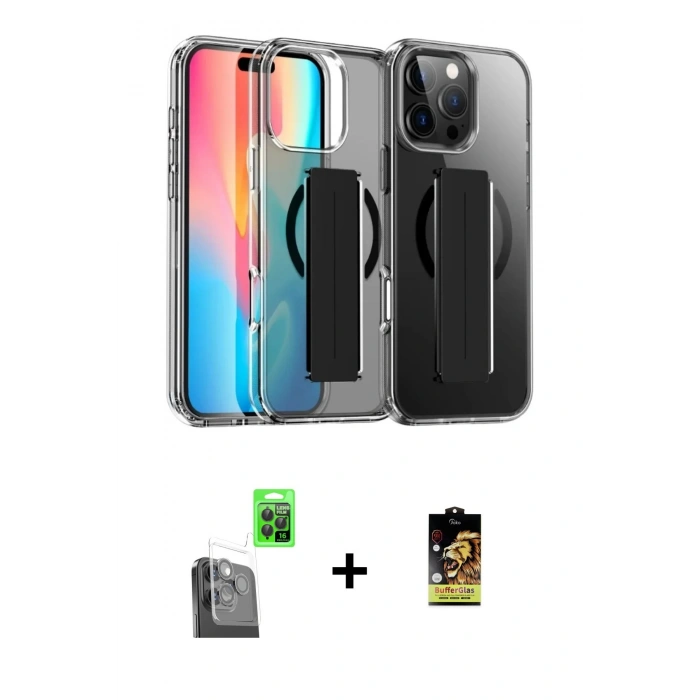 MARSİLYAN™- iPhone 16 Pro Kılıf Nova Işık Koleksiyonu - Siyah Buffer Cam Ekran Koruyucu + Raze Metal Kamera Lens - SH