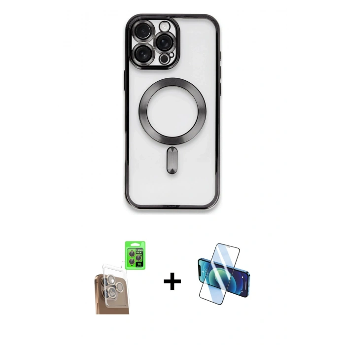 MARSİLYAN™- iPhone 16 Pro Kılıf Nova Işık Özel Seri - Siyah 3D Antistatik Cam Ekran Koruyucu + Raze Metal Kamera Lens - CLTM
