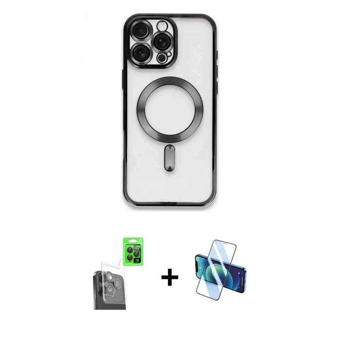MARSİLYAN™- iPhone 16 Pro Kılıf Nova Işık Özel Seri - Siyah 3D Antistatik Cam Ekran Koruyucu + Raze Metal Kamera Lens - SH