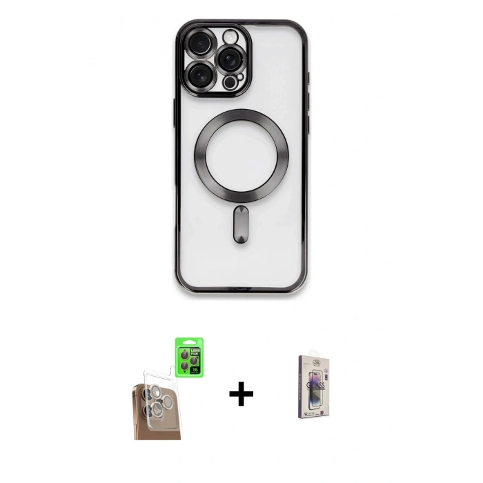MARSİLYAN™- iPhone 16 Pro Kılıf Nova Işık Özel Seri - Siyah Bilvis 3D Cam Ekran Koruyucu + Raze Metal Kamera Lens - CLTM