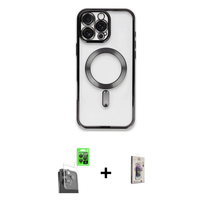 MARSİLYAN™- iPhone 16 Pro Kılıf Nova Işık Özel Seri - Siyah Bilvis 3D Cam Ekran Koruyucu + Raze Metal Kamera Lens - SH