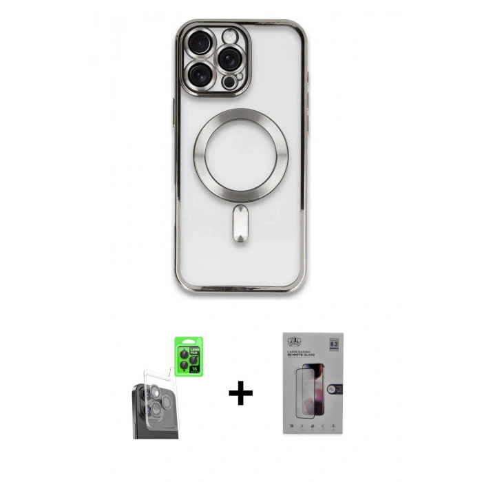 MARSİLYAN™- iPhone 16 Pro Kılıf Nova Işık Özel Seri - Siyah Bilvis 3D Mat Cam Ekran Koruyucu + Siyah Raze Metal Kamera Lens
