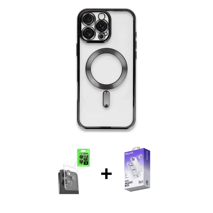MARSİLYAN™- iPhone 16 Pro Kılıf Nova Işık Özel Seri - Siyah Bilvis 5in1 3D Magic Cam Ekran Koruyucu + Raze Metal Kamera Lens - SH