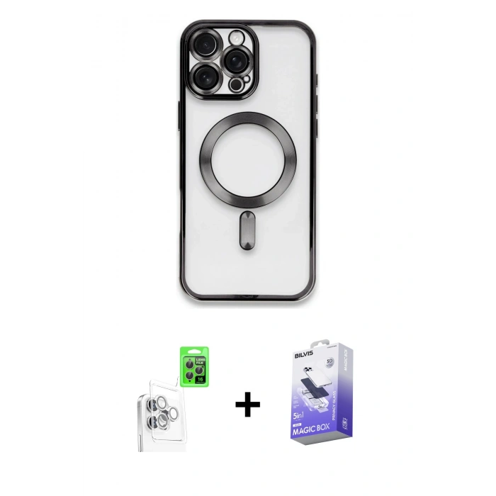MARSİLYAN™- iPhone 16 Pro Kılıf Nova Işık Özel Seri - Siyah Bilvis 5in1 5D Magic Hayalet Cam Ekran Koruyucu + Raze Metal Kamera Lens - BZ