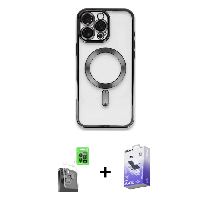 MARSİLYAN™- iPhone 16 Pro Kılıf Nova Işık Özel Seri - Siyah Bilvis 5in1 5D Magic Hayalet Cam Ekran Koruyucu + Siyah Raze Metal Kamera Lens