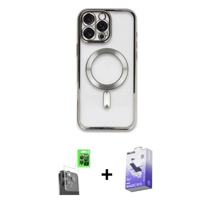 MARSİLYAN™- iPhone 16 Pro Kılıf Nova Işık Özel Seri - Siyah Bilvis 5in1 5D Magic Hayalet Cam Ekran Koruyucu + Siyah Raze Metal Kamera Lens
