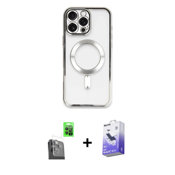 MARSİLYAN™- iPhone 16 Pro Kılıf Nova Işık Özel Seri - Siyah Bilvis 5in1 5D Magic Hayalet Cam Ekran Koruyucu + Siyah Raze Metal Kamera Lens