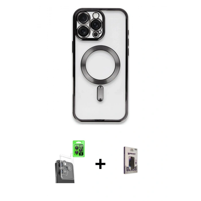 MARSİLYAN™- iPhone 16 Pro Kılıf Nova Işık Özel Seri - Siyah Bilvis Hayalet Cam Ekran Koruyucu + Siyah Raze Metal Kamera Lens