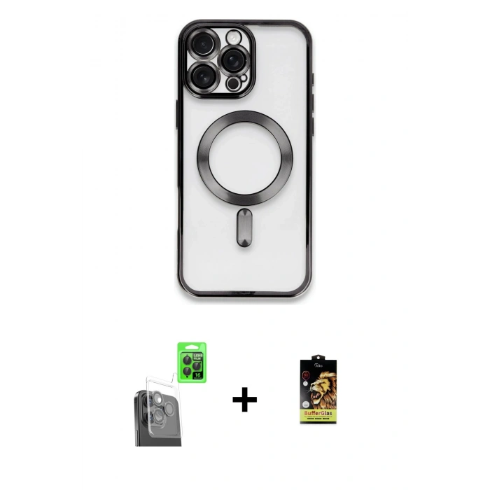MARSİLYAN™- iPhone 16 Pro Kılıf Nova Işık Özel Seri - Siyah Buffer Cam Ekran Koruyucu + Raze Metal Kamera Lens - SH