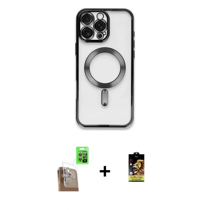 MARSİLYAN™- iPhone 16 Pro Kılıf Nova Işık Özel Seri - Siyah Buffer Cam Ekran Koruyucu + Raze Metal Kamera Lens - CLTM