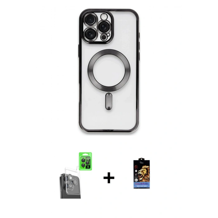 MARSİLYAN™- iPhone 16 Pro Kılıf Nova Işık Özel Seri - Siyah Buffer Hayalet Cam Ekran Koruyucu + Siyah Raze Metal Kamera Lens