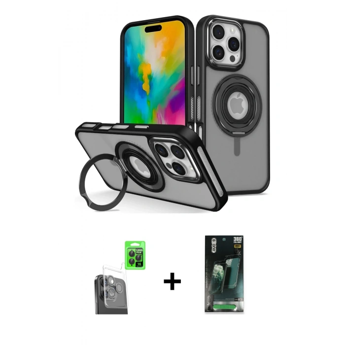 MARSİLYAN™- iPhone 16 Pro Kılıf Nova Minimal Serisi - Siyah 360 Mat Full Body Arka Koruyucu + Raze Metal Kamera Lens - SH
